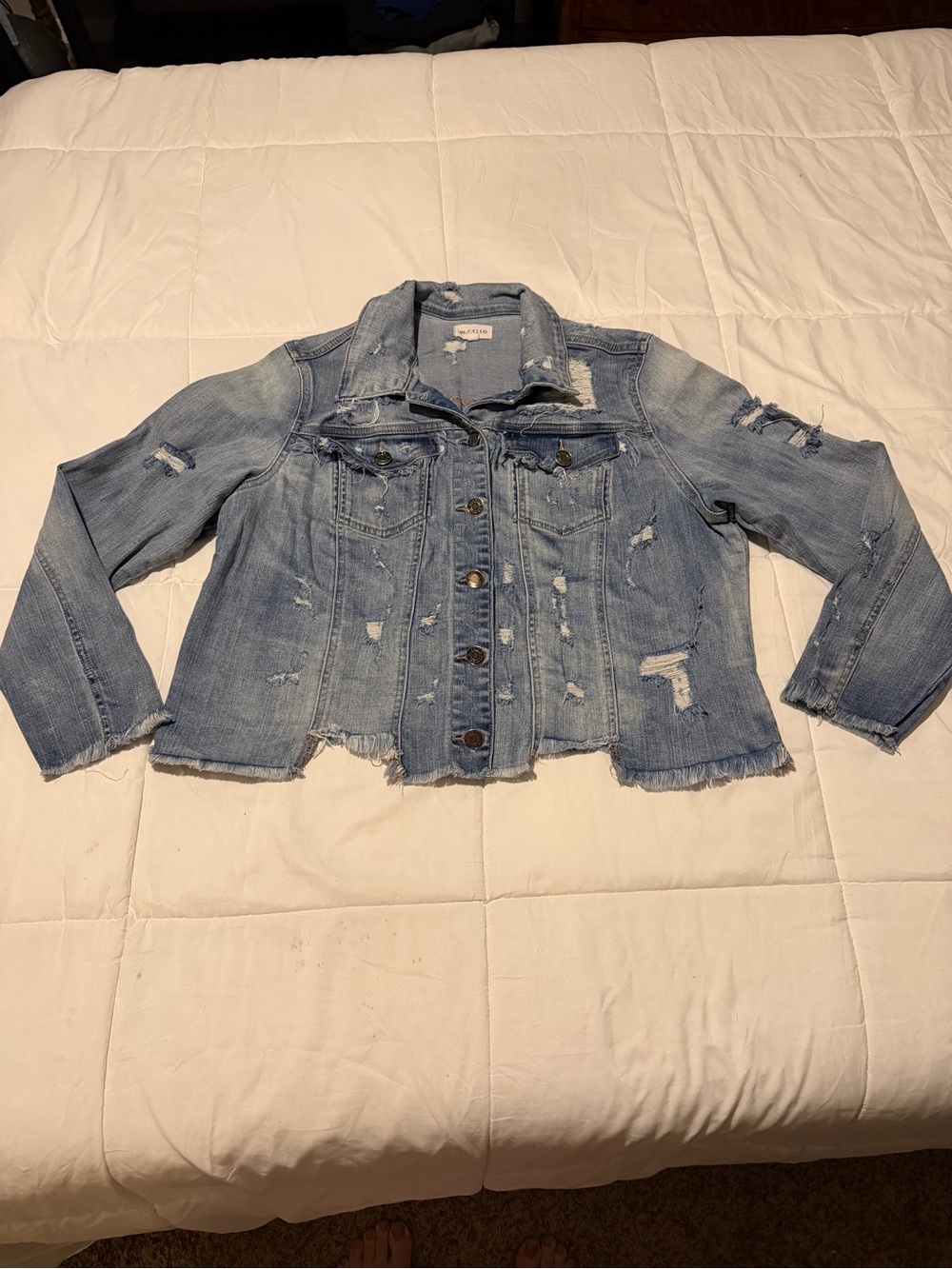 Cello Distressed Light Blue Denim Jacket with Frayed Hem
